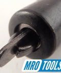 Close-up of a Cleco fastener tip from Set of 50 Extra Short Five Thirty Second Inch Fasteners and Pliers With Carry Bag for Quick Sheet Metal Setup USA Made Black Finish Drill Size Twenty Ideal for Auto Body Panel Work.