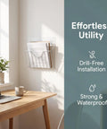 5Pc Heavy Duty Wall Mounted Storage Rack Featuring Hardcore Adhesive Hooks For Bathroom And Shower Caddy No Sweat Rent Friendly Plastic Shelf Rack Quick Grip Design attached to a wall with documents.
