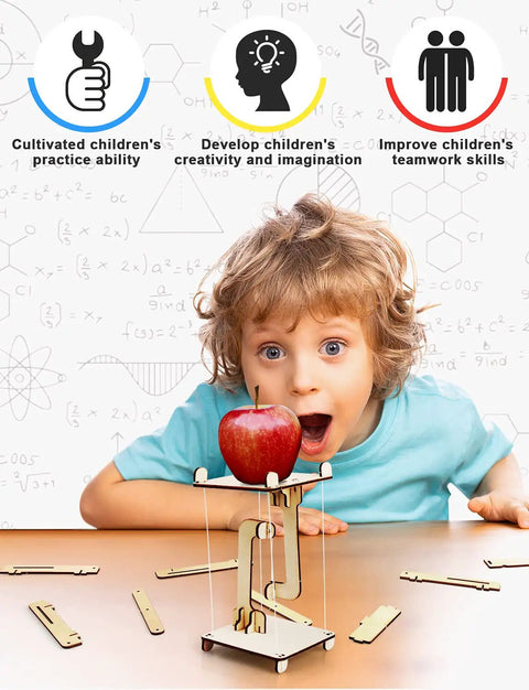 Child amazed by 6 In 1 STEM Kit For Kids Ages 6-13, Hands-On Science Building Projects, 3D Wooden Puzzles And Crafts, table scene
