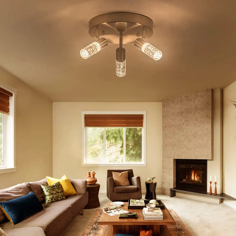 Four-Head Modern Track Lighting Kit with Adjustable Rotatable Heads, installed in a living room, showcasing 360 Degree Spin and 90 Degree Tilt.