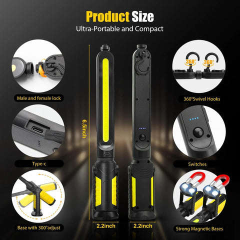 Magnetic LED Work Light for Mechanics With 2400LM Brightness, showcasing twin units, magnetic bases, and swivel hooks.