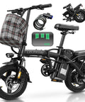 Powerful 560W Folding Electric Bike For Adults And Teens, Go To City Commuter Ebike With 48V Battery, 24 MPH Top Speed, 3 Level Pedal Assist, Dual Disc Brakes, 14 Inch Compact Foldable Ride, UL 2849 Certified, black folding ebike with plaid basket and lock