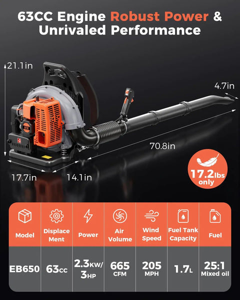 Backpack Leaf Blower, 63cc Gas Powered Beast With 665 CFM Air Flow And 205 MPH Wind, dimensions and performance overview