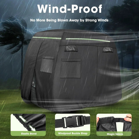 Heavy Duty Built Tough 600D Golf Cart Cover For 6 Passengers Outdoor All Weather Protection With Reflective Strips in rainstorm