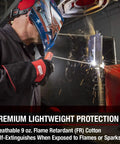 Welder wearing Traditional FR Cloth Jacket For Workwear, Black, 3X Large US, Unisex Flame Retardant Jacket With Anti Static Coating, ASTM D6413 9 Oz Black Cotton, operating welding machine