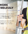 Stretch Film Dispenser Pole With Extra Long Reach For Fast Pallet Wrapping, Heavy Duty Industrial Handle Lets You Wrap 12 To 24 Inch Pallets Top To Bottom, Fits 2 To 3 Inch Core Rolls, Effortless, Efficient, No Bend Operation; worker wrapping pallet