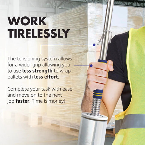 Stretch Film Dispenser Pole With Extra Long Reach For Fast Pallet Wrapping, Heavy Duty Industrial Handle Lets You Wrap 12 To 24 Inch Pallets Top To Bottom, Fits 2 To 3 Inch Core Rolls, Effortless, Efficient, No Bend Operation; worker wrapping pallet