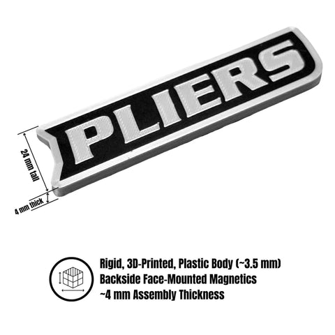 "Pliers" label from Magnetic Toolbox Label Set With 12 Prelabeled Organizers Silver Edition, showing 3D-printed plastic body.