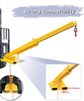 Heavy Duty Adjustable Forklift Jib Boom Crane With 6600Lb Three Ton Capacity showing yellow telescopic arm and steel hook for lifting.
