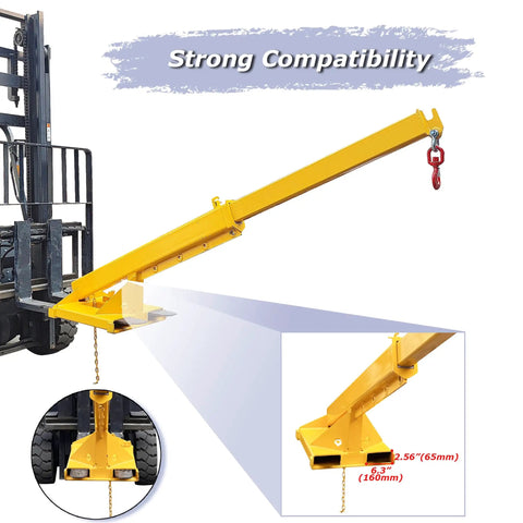 Heavy Duty Adjustable Forklift Jib Boom Crane With 6600Lb Three Ton Capacity showing yellow telescopic arm and steel hook for lifting.