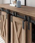 Wooden cabinet with black sliding hardware displaying 5 Ft Mini Cabinet Bypass Barn Door Hardware Kit With Single Track 60 Inch Small Sliding Barn Door Track Kit For Four Doors Storage Closet Window TV Stand Wardrobe No Cabinet Easy Mounting Hardware Included For Quick Installation And Smooth Operation.