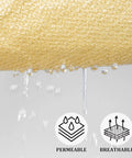 Triangle Shade Sail 12 Ft By 12 Ft By 17 Ft Sand Outdoor UV Blocking Canopy breathable HDPE fabric with water permeability icons.