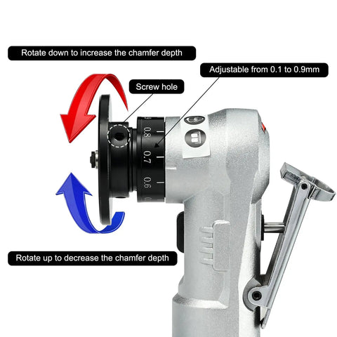 Close-up of Mini Pneumatic Chamfering Tool For Metal showing depth adjustment with 45 Degree Edge and screw hole details.