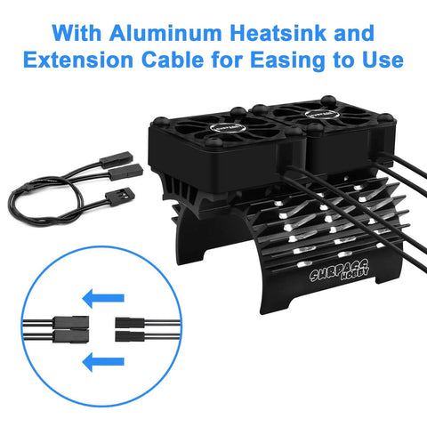Beefy Twin RC Car Motor Cooling Fans with metal cover heatsink for 1/8 and 1/7 scale brushless motors, extension cable shown.