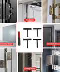 4 In 1 Door Hinge Adjustment Tool Kit With Heavy Duty Painted Steel Wrenches For Residential And Commercial Doors Hinge Gap Adjustment Set Includes 14mm 18mm 23mm And 25mm Inner Diameters Pro Grade Maintenance, shown with various door types and hinge applications.