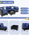 7 Piece Outdoor Patio Sectional Wicker Rattan Set In Coffee Blue With Waterproof Cushions, includes armless, corner sofas, table