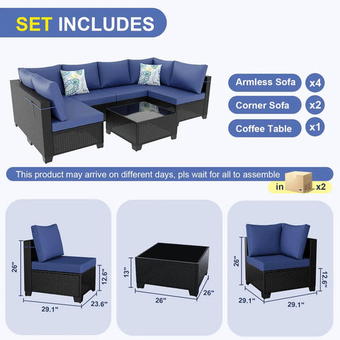 7 Piece Outdoor Patio Sectional Wicker Rattan Set In Coffee Blue With Waterproof Cushions, includes armless, corner sofas, table