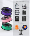 Front view of three 1.75mm PLA filament spools in purple, pink and green on black hubs for 3D printers.