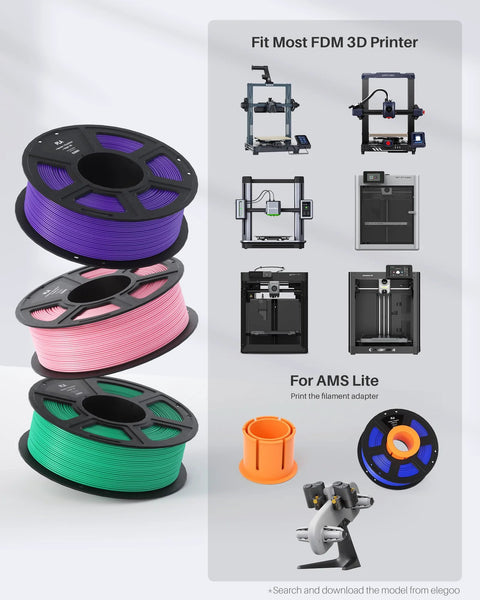 Front view of three 1.75mm PLA filament spools in purple, pink and green on black hubs for 3D printers.