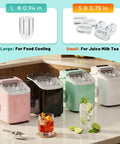 Quick Freeze Countertop Ice Maker Portable Machine With Scoop And Basket Churns 26 Pounds Daily Ready In 6 Minutes two cube sizes displayed on a kitchen counter.