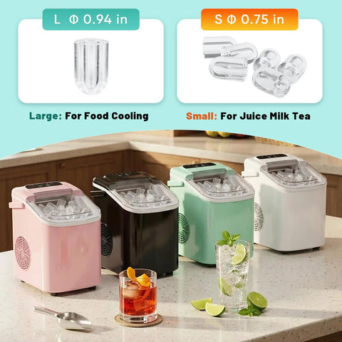 Quick Freeze Countertop Ice Maker Portable Machine With Scoop And Basket Churns 26 Pounds Daily Ready In 6 Minutes two cube sizes displayed on a kitchen counter.