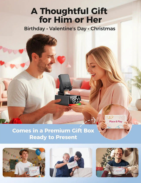 Couple with Induction Phone Stand With Bluetooth Speaker HD Sound Dope Gift, gift box, and smiling reactions