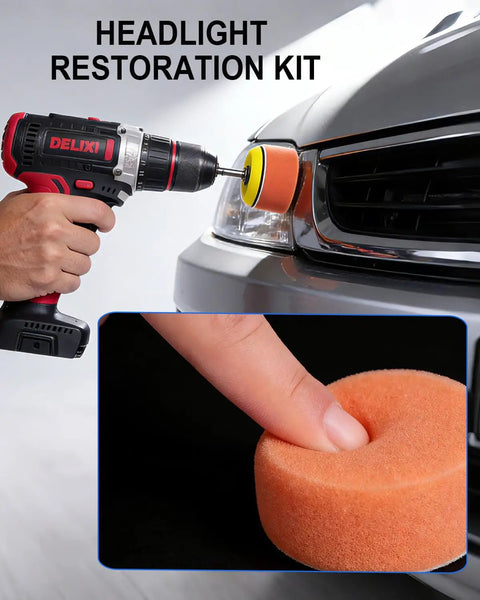 Top Shelf 2 Inch Sanding Disc Bundle With 133 Piece Hook And Loop Buffing Pads For Electric Drills And Rotary Tools Wet Dry Polishing Kit For Headlight Restoration and Fast Metal Touch Ups in use on car.