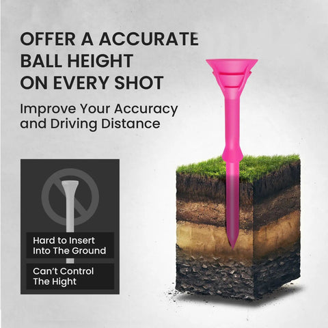 Diagram showing Bulk Pink Golf Tees Set with Gift Box, unbreakable plastic tees placed in soil for practice, anti slip design, 3 1/4 inch length.