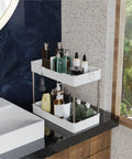 Super Slick 3 Pack Under Sink Organizer With Bonus Hanging Cups For Bathroom And Cabinet Storage keeps toiletries organized on a countertop.