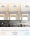 11" E26 Socket Ceiling Fan with Light, Dimmable 3 Color LED Fan Light showing brightness adjustment settings in a bathroom.