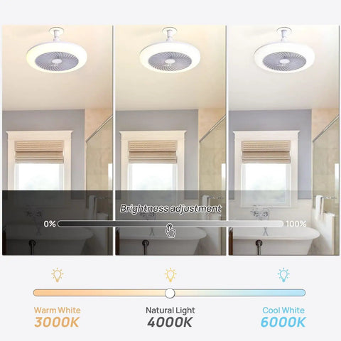 11" E26 Socket Ceiling Fan with Light, Dimmable 3 Color LED Fan Light showing brightness adjustment settings in a bathroom.