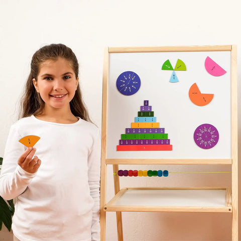 Girl using 166 Piece Magnetic Fractions Kit For Hands On Math Learning With Fraction Strips Tiles Circles And Bars