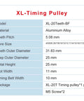 XL-Timing Pulley specifications including 20 teeth, 5.08mm pitch, and aluminum alloy material.