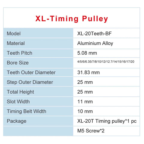 XL-Timing Pulley specifications including 20 teeth, 5.08mm pitch, and aluminum alloy material.