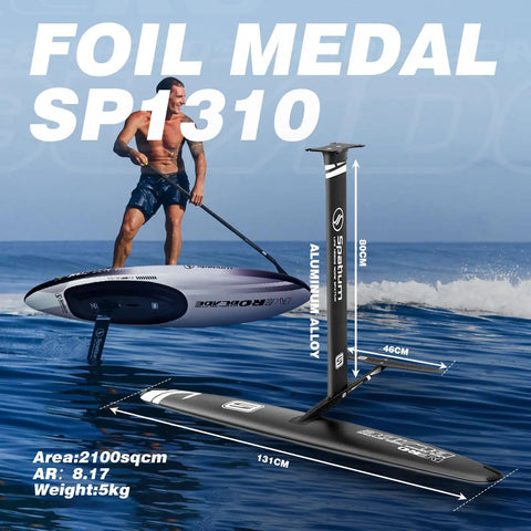 Athlete using Inflatable Downwind Surfing SUP 135L AeroBlade Edition Unpowered with Fiberglass Paddle and Foil on water