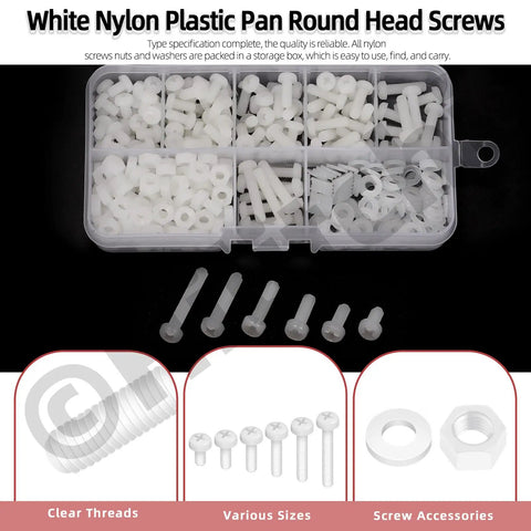 Badass White Nylon Pan Head Screw Kit M4 X 4 To 12 Mm Six Piece Assortment Paired With Hex Nuts And Flat Washers laid out in a storage box.