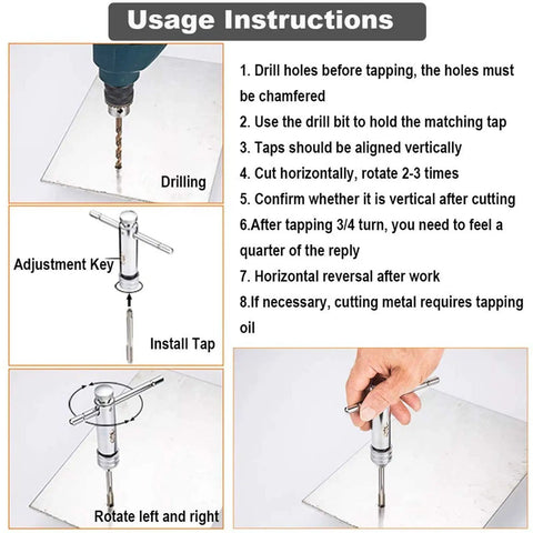 Ratchet T Handle Tap Wrench and 5 Metric Taps M3 M4 M5 M6 M8 Handy Two Way Adjustable Tapping Tool Kit usage instructions