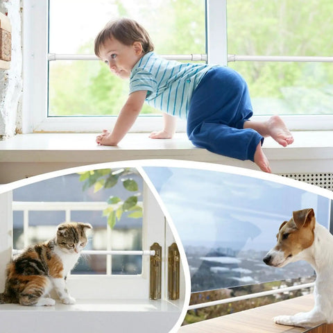 Four Pack Window Security Bars Adjustable From 15.7 To 27.5 Inches For Sliding Glass Doors Lock Bars With Rubber Tips installed in windows with child, cat, and dog nearby