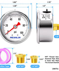 Industrial stainless steel pressure gauge 1.5 inch dial, 0-100 psi, glycerin filled, with 1/8 NPT, 1/4 and 3/8 NPT bushings.