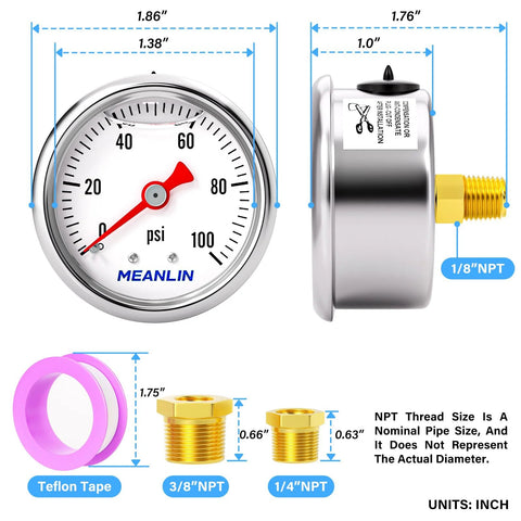 Industrial stainless steel pressure gauge 1.5 inch dial, 0-100 psi, glycerin filled, with 1/8 NPT, 1/4 and 3/8 NPT bushings.