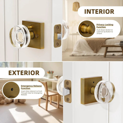Crystal Glass Door Knobs With Lock In Antique Brass Privacy Door Knobs For Bedroom And Bathroom Retro Vibe Interior Door Hardware With Emergency Release And Key Access For Easy Privacy And Security At Home, shown in interior and exterior views on a white door.