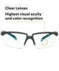 Heavy Duty Safety Glasses With Clear Polycarbonate Lenses And No Sweat Anti Fog Coating Featuring Adjustable Ratchet Temples In Gray And Blue Green For Tight Seal Coverage And Smooth Daily Grind showing clear lenses and adjustable temples.