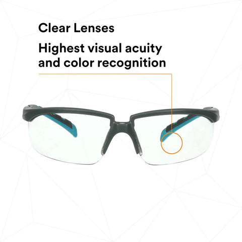 Heavy Duty Safety Glasses With Clear Polycarbonate Lenses And No Sweat Anti Fog Coating Featuring Adjustable Ratchet Temples In Gray And Blue Green For Tight Seal Coverage And Smooth Daily Grind showing clear lenses and adjustable temples.