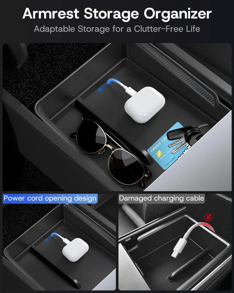 Tesla Model Y Juniper Center Console Organizer Tray 2025 2026 showing armrest storage with sunglasses, charger, and key.