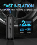 On The Go Portable Electric Air Compressor Pump next to car tire, digital display and fast inflation time visible