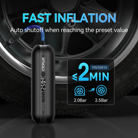 On The Go Portable Electric Air Compressor Pump next to car tire, digital display and fast inflation time visible