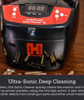 Top Shelf 80 Watt Heated Ultrasonic Case Cleaner 2 Liter Tank on wooden bench, designed for cleaning gun parts and brass.