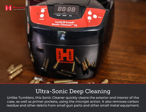 Top Shelf 80 Watt Heated Ultrasonic Case Cleaner 2 Liter Tank on wooden bench, designed for cleaning gun parts and brass.