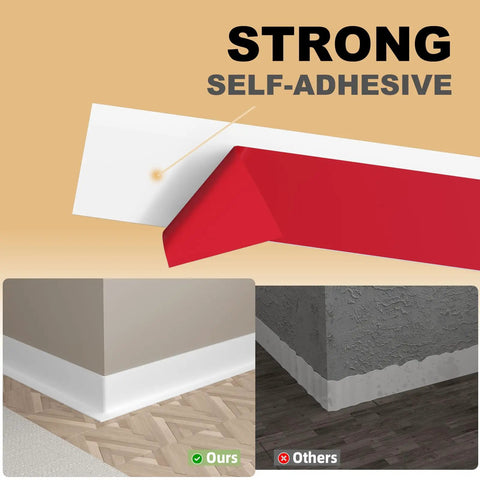 5 Inch Peel And Stick Vinyl Baseboard Trim 20 Feet Flexible Cove Baseboard Molding For Wall To Floor Gaps Easy Install No Mess Removable If Needed Durable Edge Protector For Home Renovation, showing comparison of adhesive strength