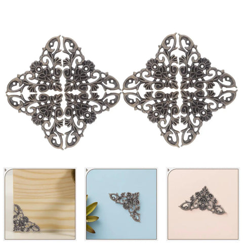 Eight Piece Jewelry Box Corner Protectors Set, Vintage Zinc Alloy Triangle Edge Guards with elegant lace cutout design